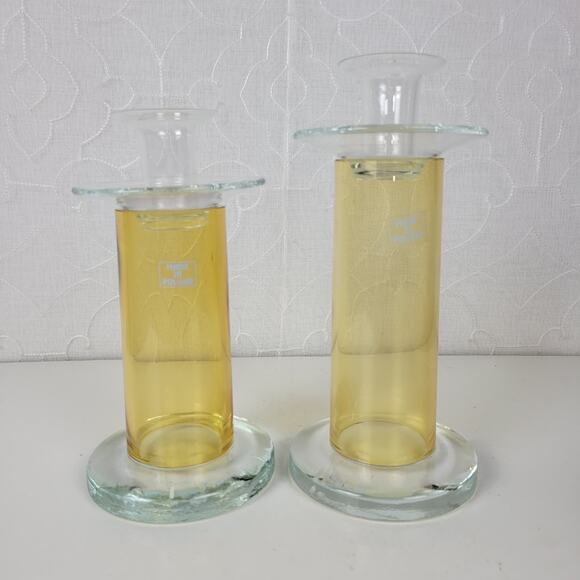 VINTAGE Mid Century Modern Candle Sticks Yellow & Clear Glass Holder Set of 2 - Picture 16 of 16